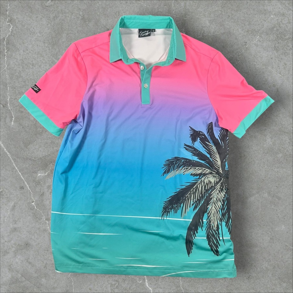 Sunday Swagger Polo Shirt Mens Medium Pink Teal Ombre Palm Tree Golf Performance